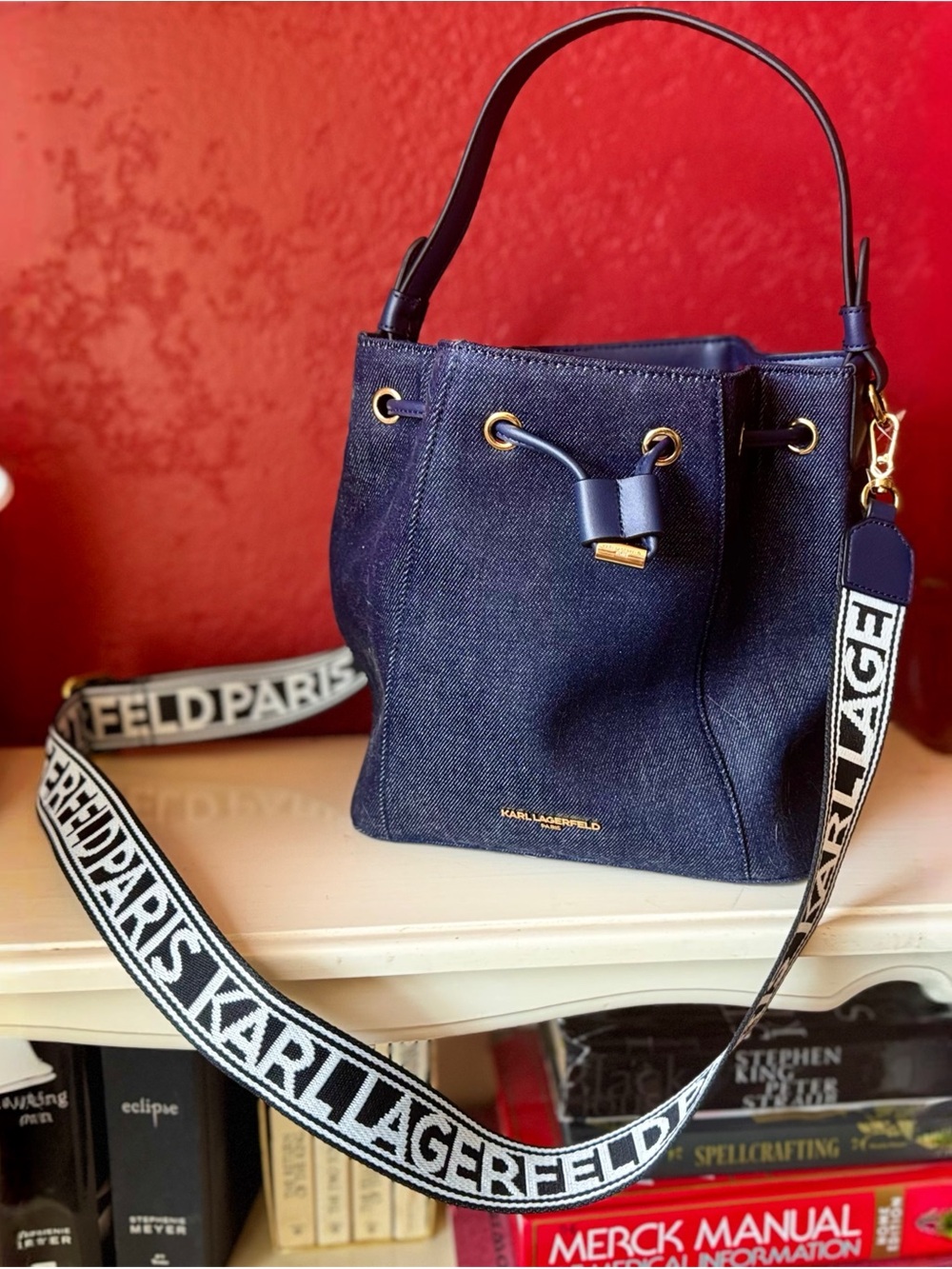 NWT Karl Lagerfeld Paris Adele Denim Bucket Bag Crossbody $198